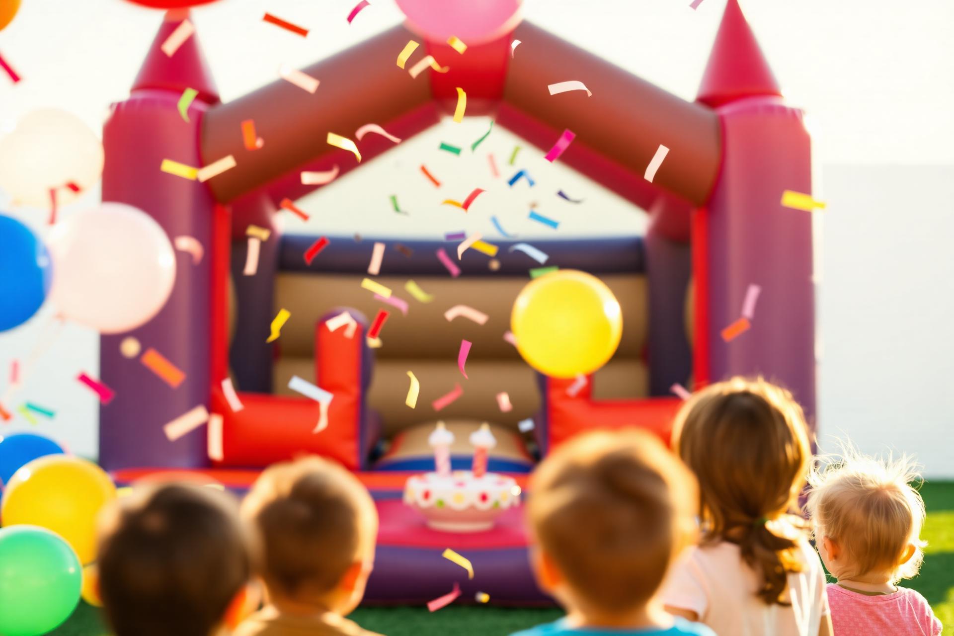 Festa infantil com brinquedo inflável, balões e mesa colorida